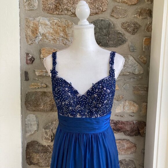 La Femme Cobalt Blue Beaded Lace Chiffon Gown Womens 8 - Picture 2 of 12